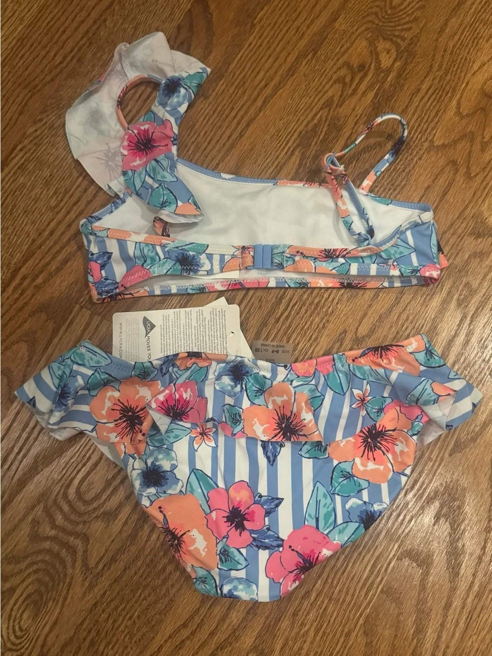 Zara Girls Floral One-Shoulder Ruffles Bikini — Blue & Coral